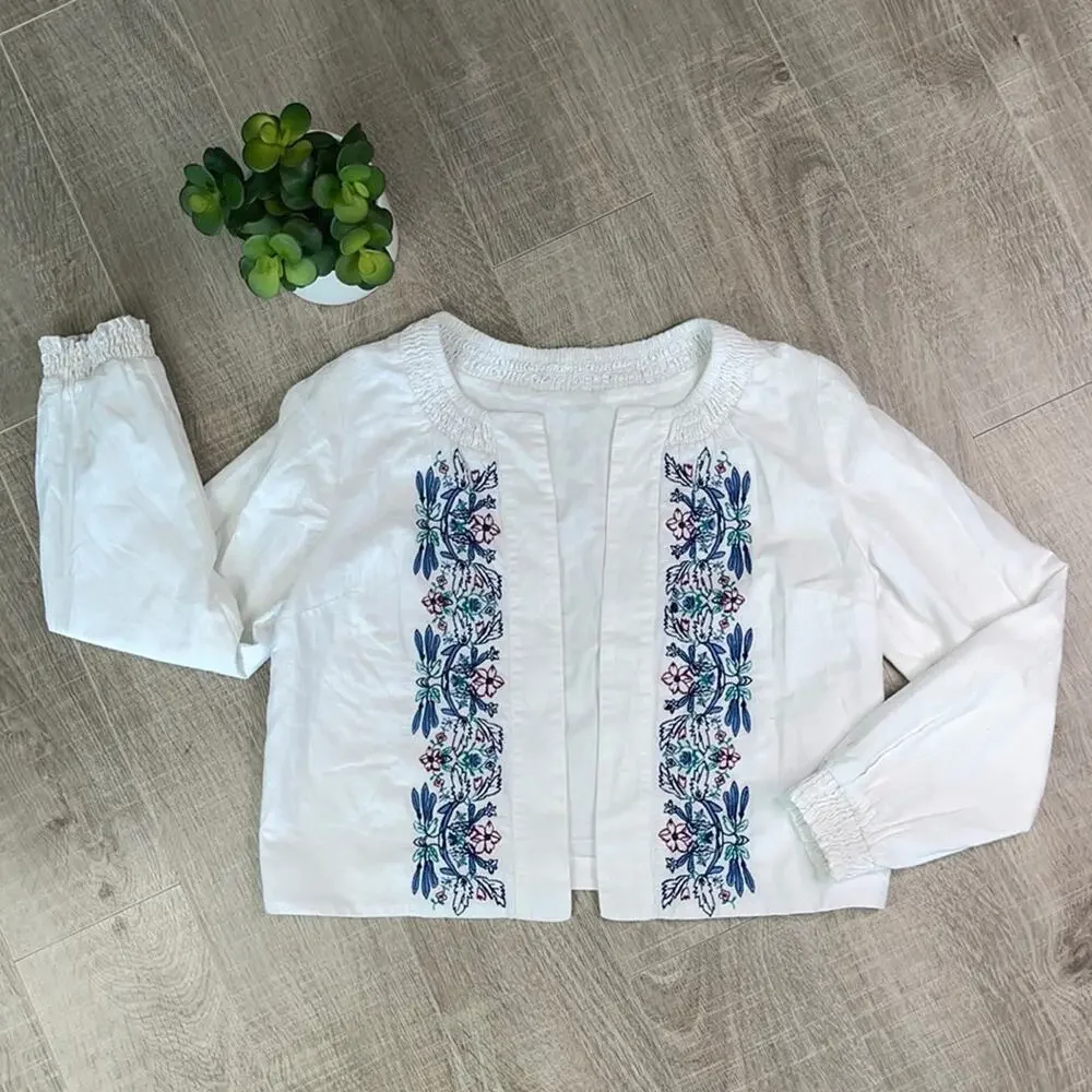 NANETTE LEPORE White Floral Embroider Peasant Crop Linen Blend Open Front Jacket